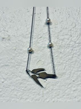 Vintage 925 Sterling Silver Swallow Pendant Necklace with Pearl Accents